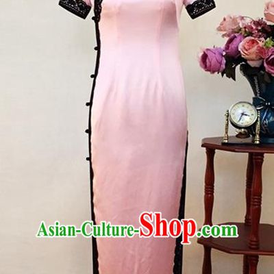 Chinese Traditional Customized Pink Silk Cheongsam National Costume Classical Qipao Dress for Women