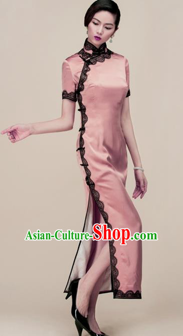 Chinese Traditional Customized Pink Silk Cheongsam National Costume Classical Qipao Dress for Women Chinese Traditional Customized Pink Silk Cheongsam National Costume Classical Qipao Dress for Women