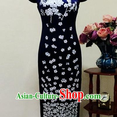 Chinese Traditional Customized Embroidered Navy Cheongsam National Costume Classical Qipao Dress for Women