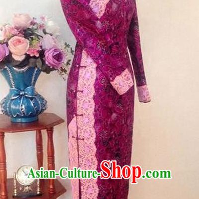 Chinese Traditional Customized Rosy Lace Cheongsam National Costume Classical Qipao Dress for Women
