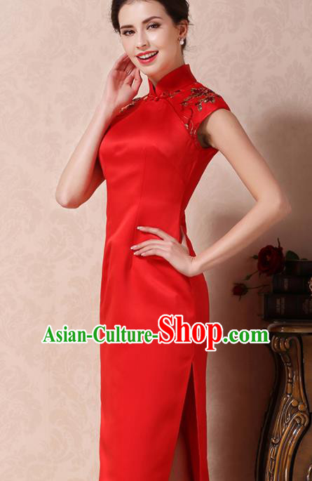 Chinese Traditional Customized Red Silk Cheongsam National Costume Classical Qipao Dress for Women Chinese Traditional Customized Red Silk Cheongsam National Costume Classical Qipao Dress for Women