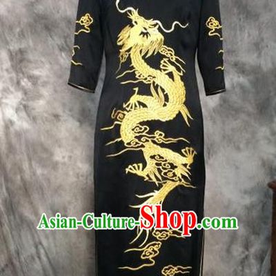 Chinese Traditional Customized Printing Dragon Black Silk Cheongsam National Costume Classical Qipao Dress for Women