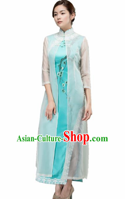 Chinese Traditional Customized Blue Silk Cheongsam National Costume Classical Qipao Dress for Women Chinese Traditional Customized Blue Silk Cheongsam National Costume Classical Qipao Dress for Women
