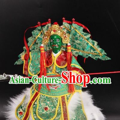 Traditional Chinese Handmade Green Armor Takefu Puppet Marionette Puppets String Puppet Wooden Image Arts Collectibles
