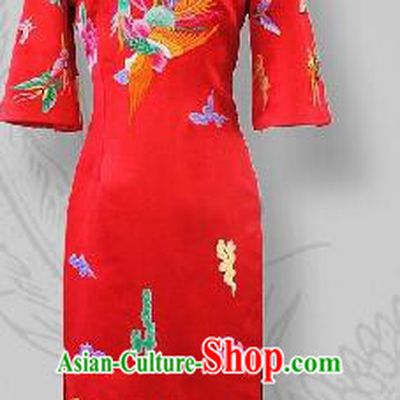 Chinese Traditional Customized Embroidered Phoenix Red Cheongsam National Costume Classical Qipao Dress for Women