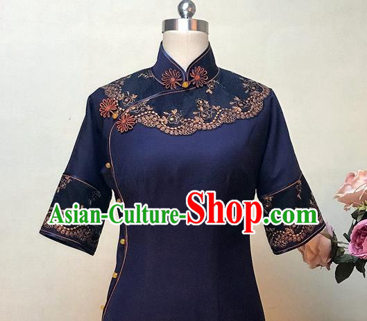 Chinese Traditional Customized Navy Silk Cheongsam National Costume Classical Qipao Dress for Women Chinese Traditional Customized Navy Silk Cheongsam National Costume Classical Qipao Dress for Women