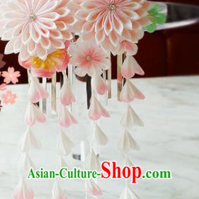 Asian Japan Geisha Pink Argyroxiphium Tassel Hair Claw Japanese Traditional Hair Accessories for Women