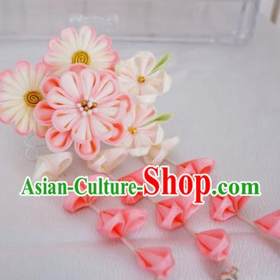 Asian Japan Geisha Pink Flowers Tassel Hair Claw Japanese Traditional Hair Accessories for Women