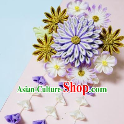 Asian Japan Geisha Purple Chrysanthemum Tassel Hairpins Japanese Traditional Hair Accessories for Women