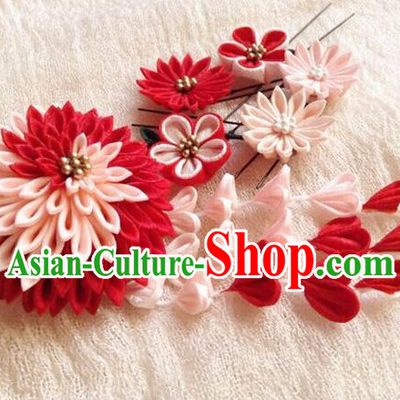 Asian Japan Traditional Geisha Red Chrysanthemum Tassel Hair Claw Japanese Kimono Hair Accessories for Women