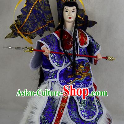 Chinese Traditional Blue General Lv Bu Marionette Puppets Handmade Puppet String Puppet Wooden Image Arts Collectibles