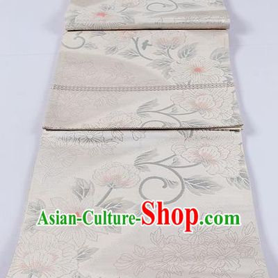 Traditional Japanese Classical Twine Peony Pattern White Waistband Kimono Brocade Accessories Yukata Belt for Women