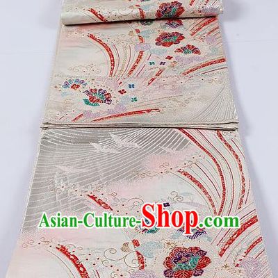 Traditional Japanese Classical Begonia Pattern White Waistband Kimono Brocade Accessories Yukata Belt for Women