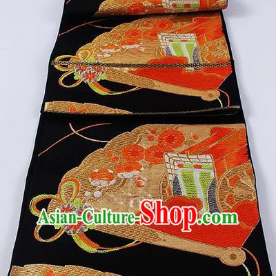 Traditional Japanese Classical Plum Fan Pattern Black Waistband Kimono Brocade Accessories Yukata Belt for Women
