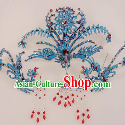 Traditional Chinese Beijing Opera Diva Hair Accessories Blue Phoenix Hairpins Ancient Court Princess Headwear for Women