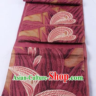 Traditional Japanese Classical Alocasia Pattern Wine Red Waistband Kimono Brocade Accessories Yukata Belt for Women