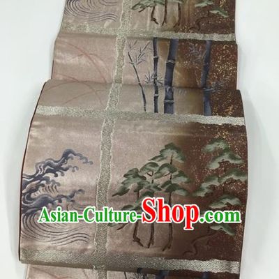 Traditional Japanese Classical Bamboo Pattern Cameo Brown Waistband Kimono Brocade Accessories Yukata Belt for Women