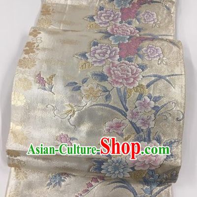 Traditional Japanese Classical Peony Orchid Pattern Beige Waistband Kimono Brocade Accessories Yukata Belt for Women