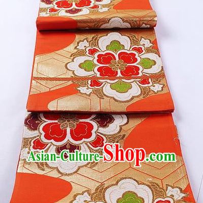 Traditional Japanese Classical Flowers Pattern Red Waistband Kimono Brocade Accessories Yukata Belt for Women