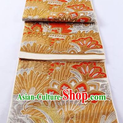Traditional Japanese Classical Cockscomb Pattern Golden Waistband Kimono Brocade Accessories Yukata Belt for Women