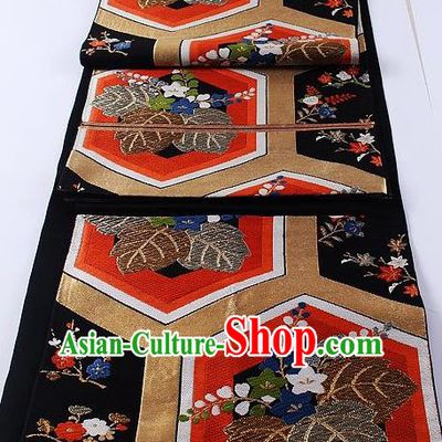 Traditional Japanese Classical Plum Blossom Pattern Black Waistband Kimono Brocade Accessories Yukata Belt for Women