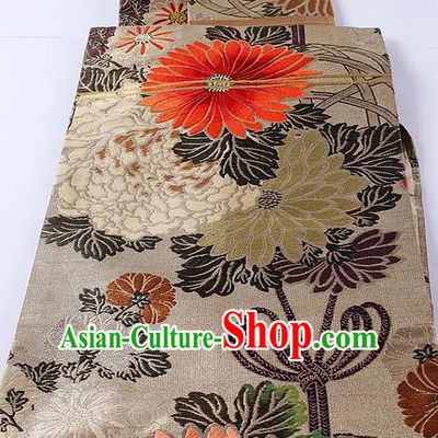 Traditional Japanese Classical Chrysanthemum Pattern Khaki Waistband Kimono Brocade Accessories Yukata Belt for Women