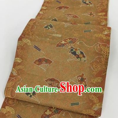 Traditional Japanese Classical Fans Pattern Khaki Waistband Kimono Nishijin Brocade Accessories Yukata Belt for Women