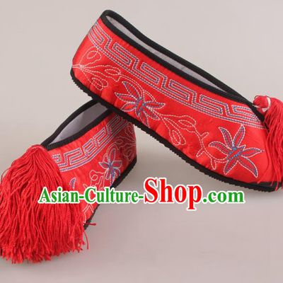 Traditional Chinese Beijing Opera Diva Red Embroidered Shoes Handmade Ancient Princess Blood Stained Shoes for Women