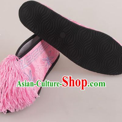 Traditional Chinese Beijing Opera Diva Pink Embroidered Shoes Handmade Ancient Princess Blood Stained Shoes for Women