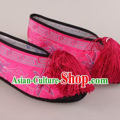 Traditional Chinese Beijing Opera Diva Rosy Embroidered Shoes Handmade Ancient Princess Blood Stained Shoes for Women