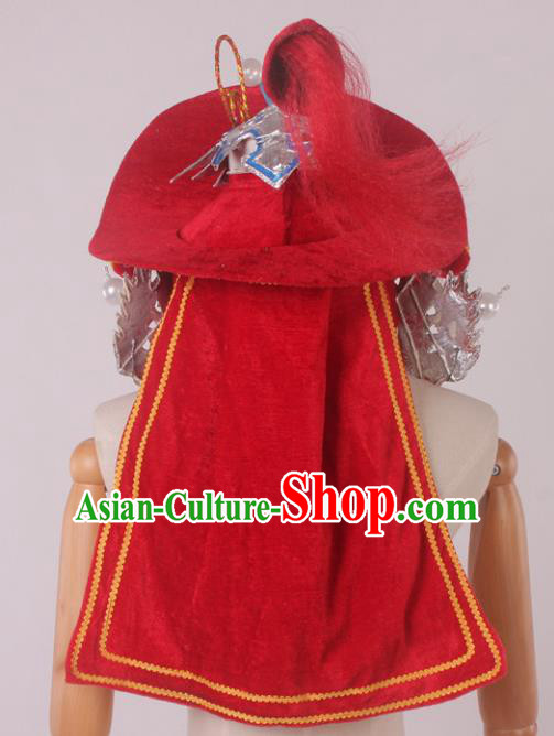 Traditional Chinese Shaoxing Opera Takefu Red Hat Ancient Soldier Helmet Headwear for Men Traditional Chinese Shaoxing Opera Takefu Red Hat Ancient Soldier Helmet Headwear for Men
