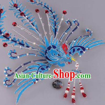 Traditional Chinese Shaoxing Opera Blue Phoenix Hairpins Ancient Princess Hair Accessories Headwear for Women