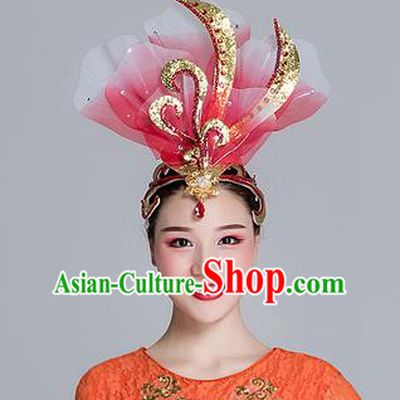 Traditional Chinese Folk Dance Red Silk Flower Hair Clasp Fan Dance Yanko Dance Headwear for Women