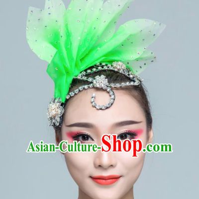 Traditional Chinese Folk Dance Green Silk Leaf Hair Clasp Fan Dance Yanko Dance Headwear for Women