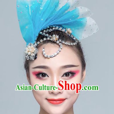 Traditional Chinese Folk Dance Blue Leaf Hair Clasp Fan Dance Yanko Dance Headwear for Women