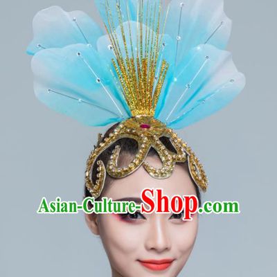 Traditional Chinese Folk Dance Blue Silk Hair Clasp Fan Dance Yanko Dance Headwear for Women