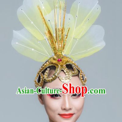 Traditional Chinese Folk Dance Yellow Silk Hair Clasp Fan Dance Yanko Dance Headwear for Women