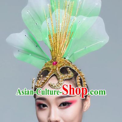 Traditional Chinese Folk Dance Green Silk Hair Clasp Fan Dance Yanko Dance Headwear for Women