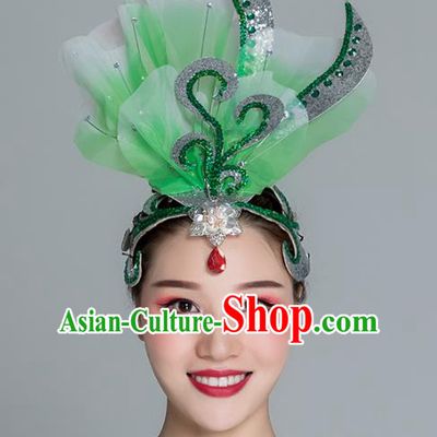 Traditional Chinese Folk Dance Green Silk Flower Hair Clasp Fan Dance Yanko Dance Headwear for Women
