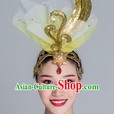 Traditional Chinese Folk Dance Yellow Silk Flower Hair Clasp Fan Dance Yanko Dance Headwear for Women