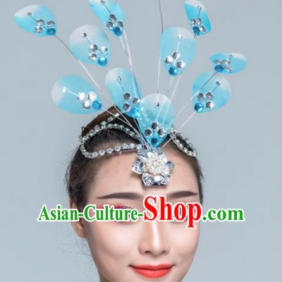 Traditional Chinese Yangko Dance Blue Silk Hair Claw Folk Dance Fan Dance Headwear for Women