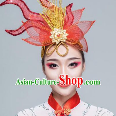 Traditional Chinese Yangko Dance Red Lotus Hair Claw Folk Dance Fan Dance Headwear for Women