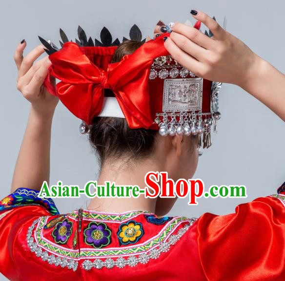 Traditional Chinese Miao Nationality Red Hat Ethnic Folk Dance Headwear for Women Traditional Chinese Miao Nationality Red Hat Ethnic Folk Dance Headwear for Women