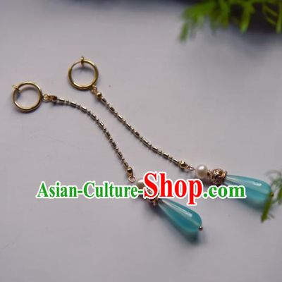 Chinese Ancient Princess Blue Tassel Ear Accessories Traditional Hanfu Earrings for Women