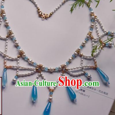 Chinese Ancient Princess Blue Beads Jewelry Accessories Hanfu Tassel Necklace for Women
