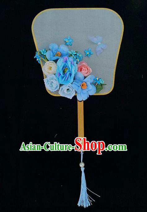 Chinese Ancient Princess Wedding Blue Flowers Palace Fans Traditional Hanfu Round Fan for Women Chinese Ancient Princess Wedding Blue Flowers Palace Fans Traditional Hanfu Round Fan for Women