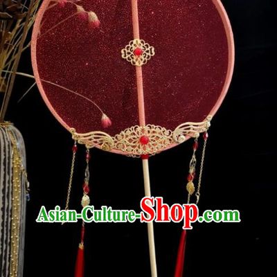 Chinese Ancient Princess Wedding Red Silk Palace Fans Traditional Hanfu Round Fan for Women
