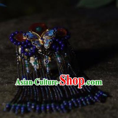 Chinese Ancient Princess Hair Accessories Blue Beads Butterfly Tassel Hair Claw Traditional Hanfu Hairpins for Women