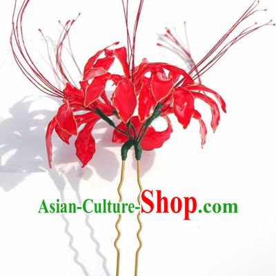 Japanese Geisha Kimono Red Spider Lily Hairpins Traditional Yamato Hair Accessories for Women