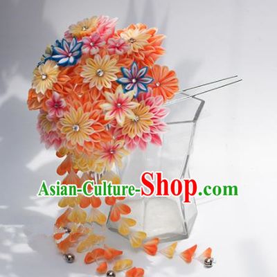 Japanese Geisha Kimono Orange Chrysanthemum Tassel Hairpins Traditional Yamato Hair Accessories for Women